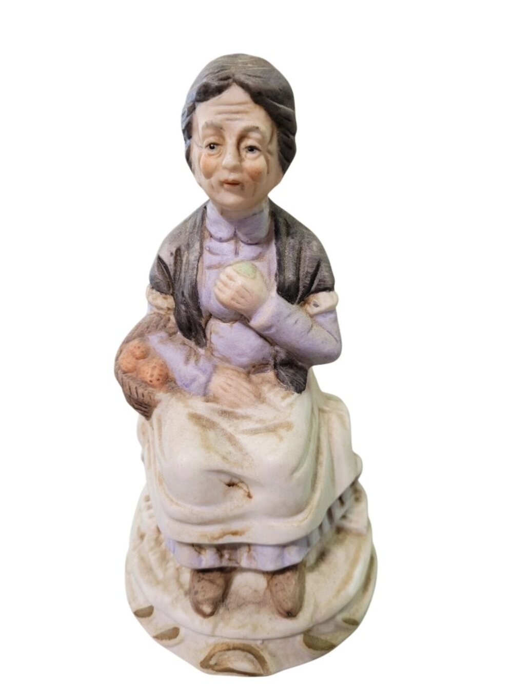Vintage Taiwan Bisque Figurine Woman Holding Bread & Apple Rustic Hand-Painted F